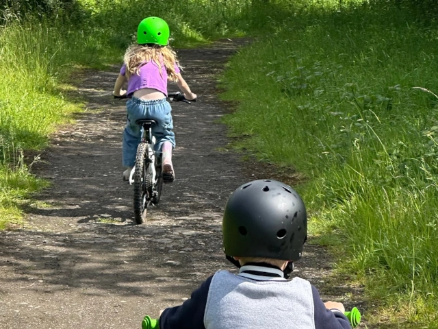 Children cycling in the woods